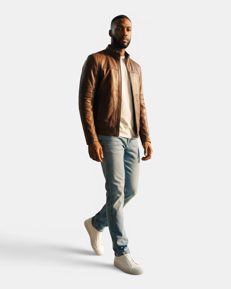 Hilda Leather Thor brown napa lambskin sport jacket worn by a model with jeans and white sneakers