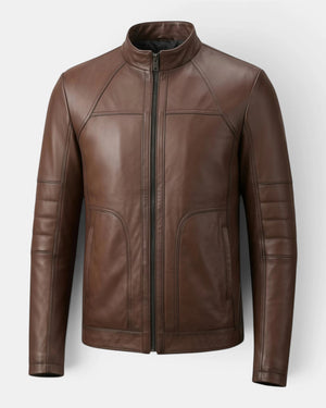Hilda Leather Thor brown genuine napa lambskin sport jacket with stand-up collar and zip-front closure.