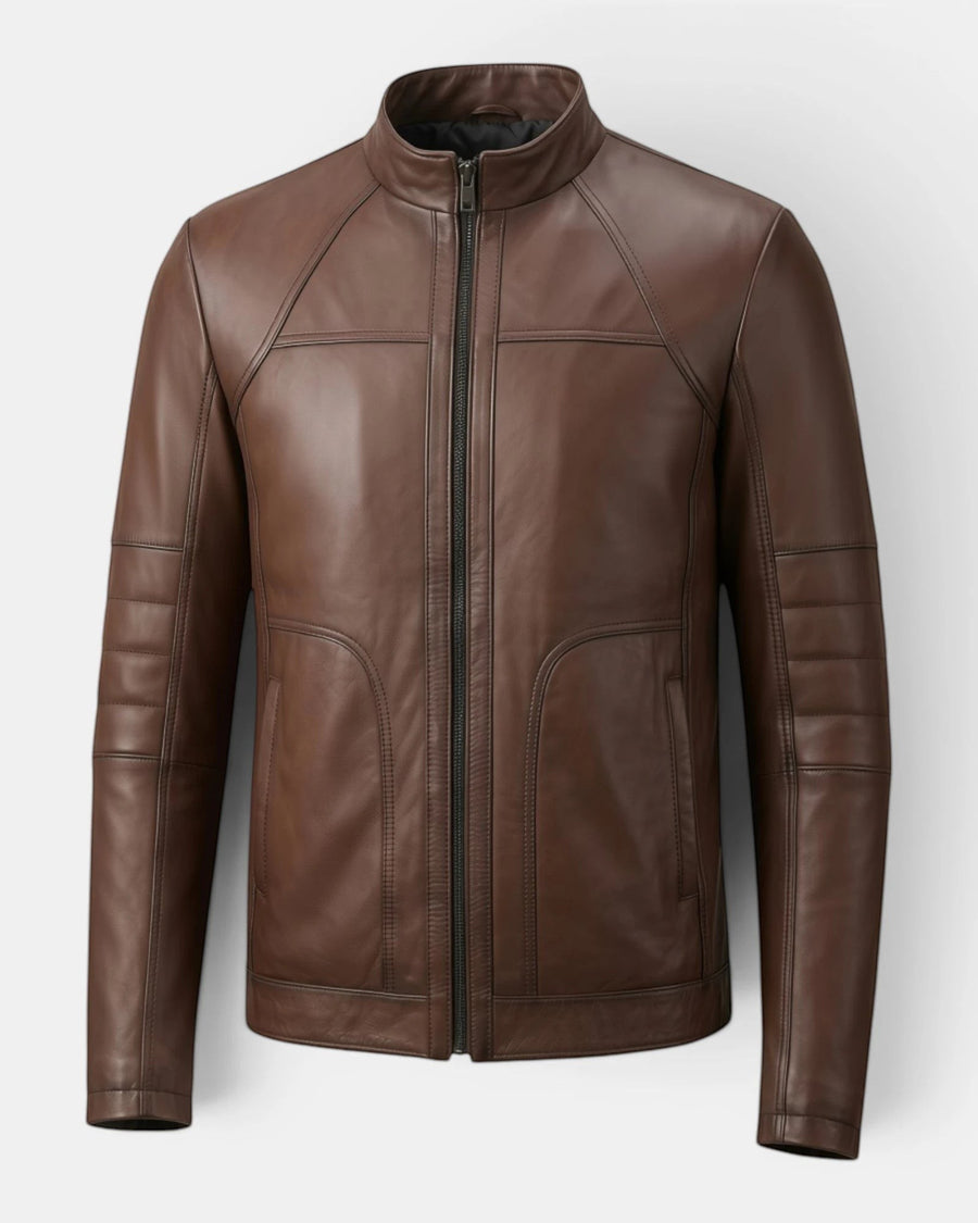Hilda Leather Thor brown genuine napa lambskin sport jacket with stand-up collar and zip-front closure.
