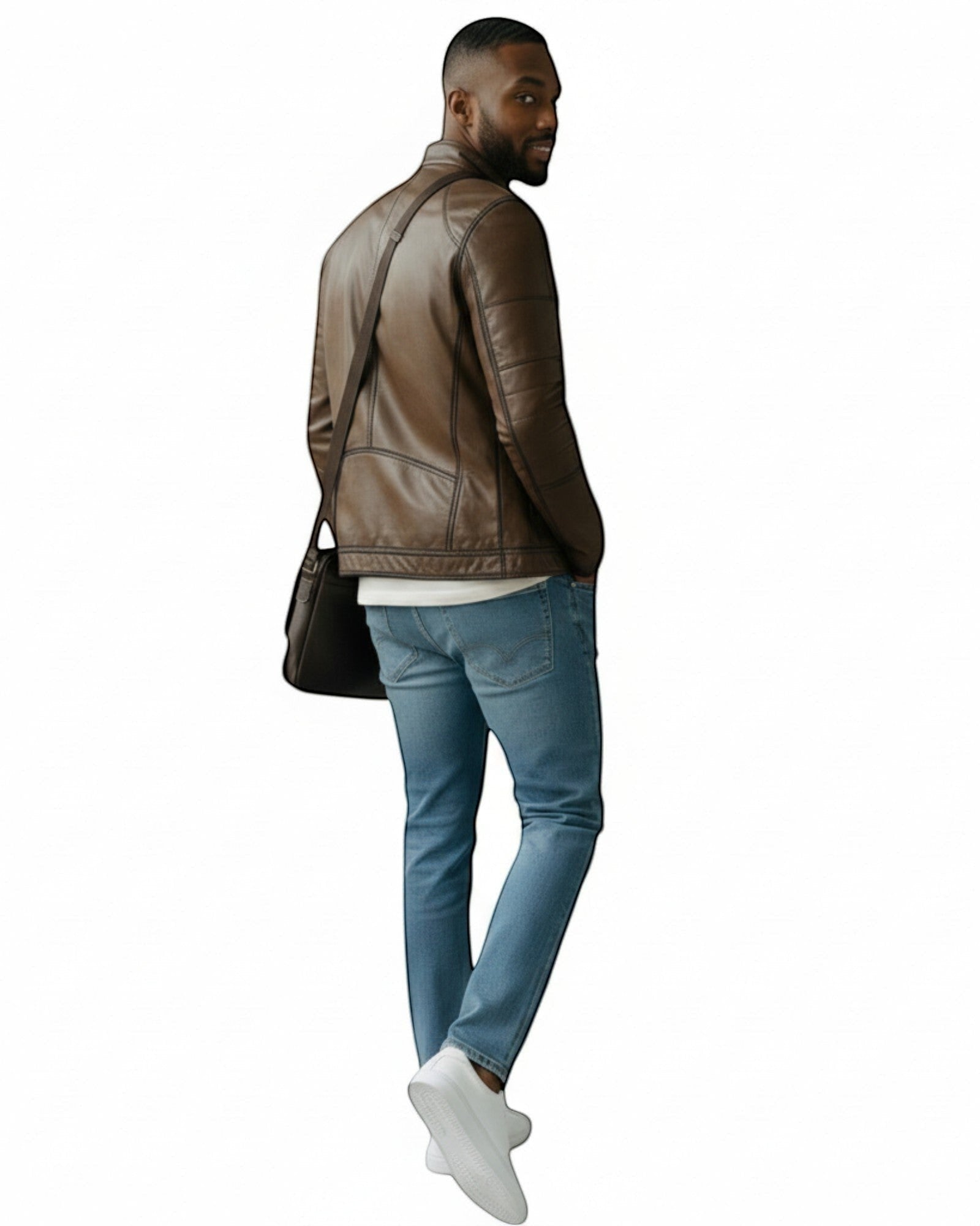 Hilda Leather Men's brown genuine leather sport jacket with zip-front and stand-up collar.