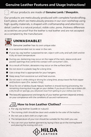 Hilda Leather care and maintenance instructions for genuine lamb and sheepskin leather garments