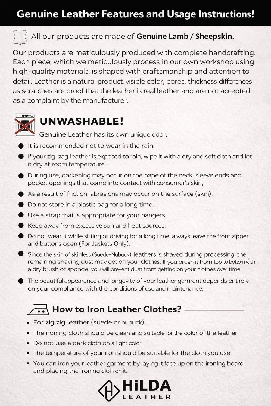 Hilda Leather care and maintenance instructions for genuine lamb and sheepskin leather garments