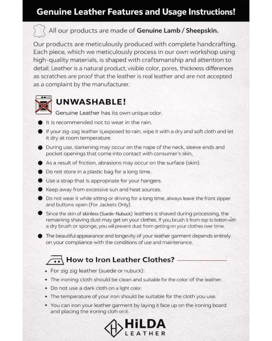 Hilda Leather care instructions infographic for genuine lambskin and sheepskin leather jackets