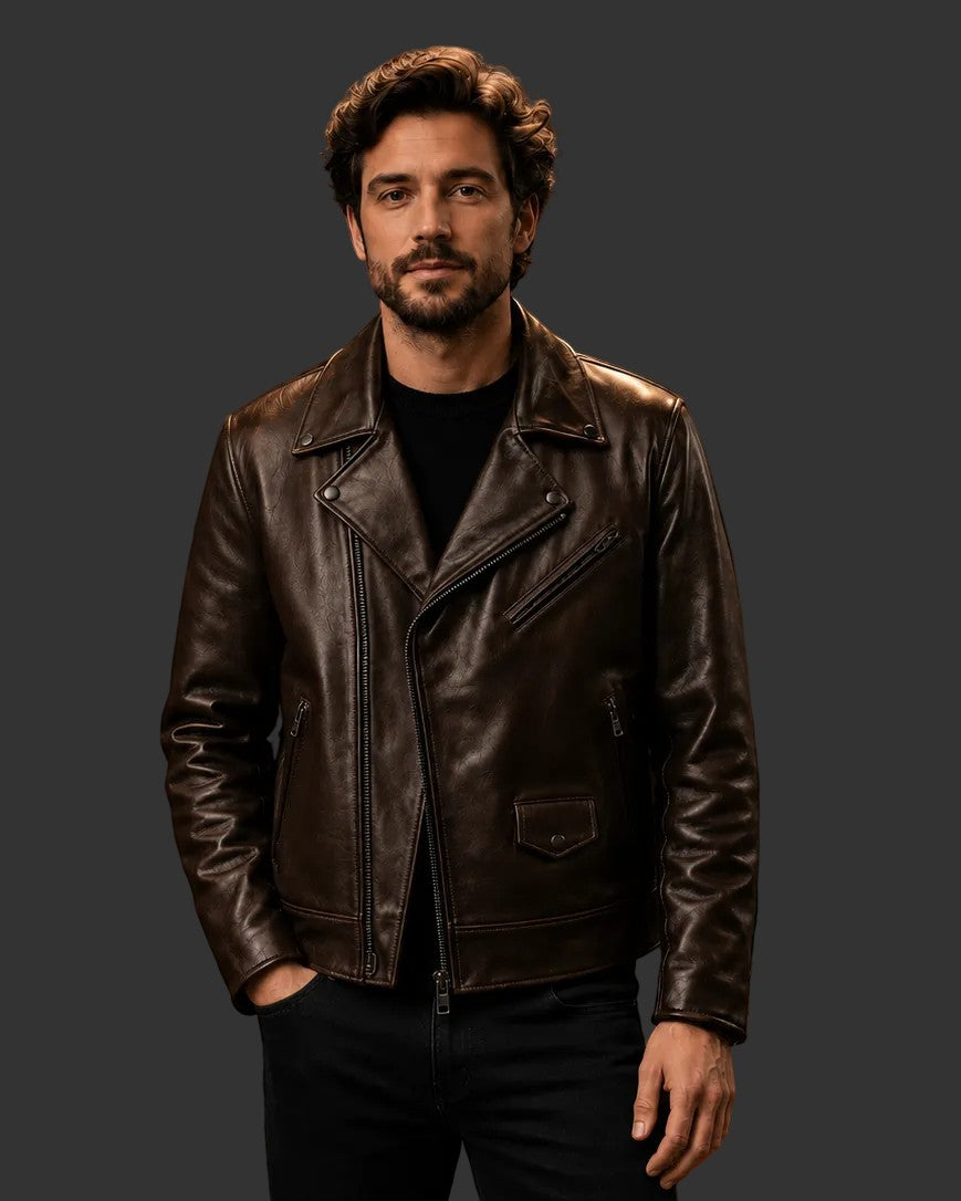 Hilda Leather Connor dark brown cowhide biker jacket with asymmetric zip on a man.