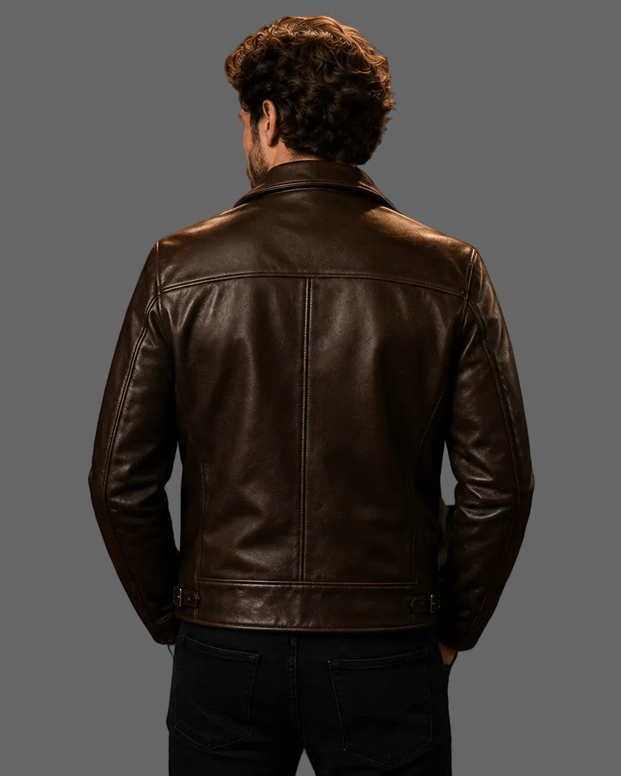 Back view of a man wearing a Hilda Leather dark brown full-grain cowhide biker jacket with structured seams.