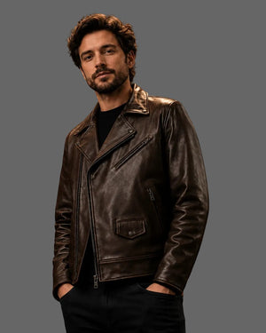 Hilda Leather Connor dark brown full-grain cowhide biker jacket with asymmetric zip.