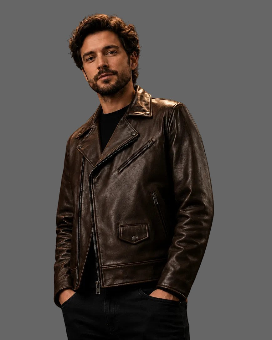 Hilda Leather Connor dark brown full-grain cowhide biker jacket with asymmetric zip.