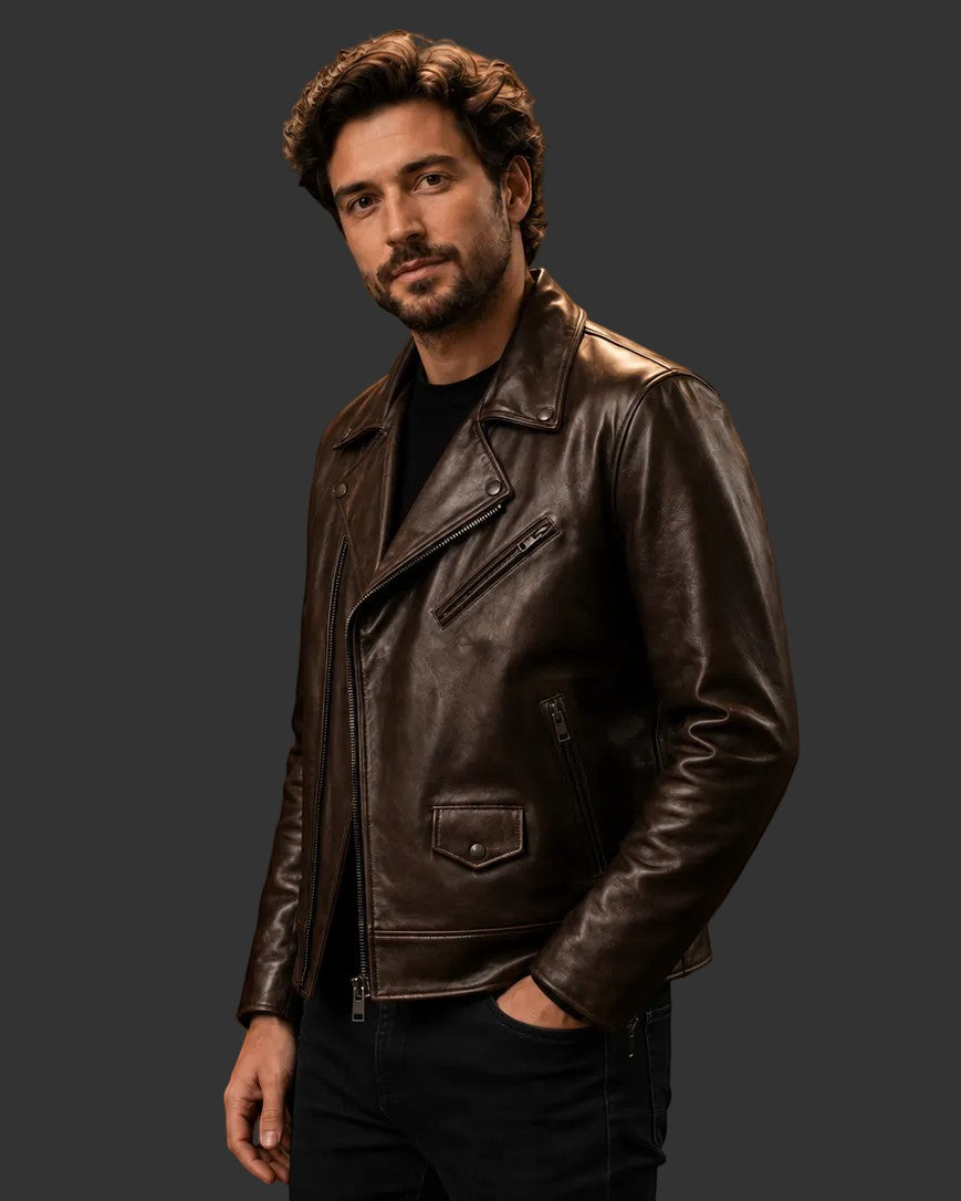 Hilda Leather Connor dark brown full-grain cowhide biker jacket with asymmetric zip.
