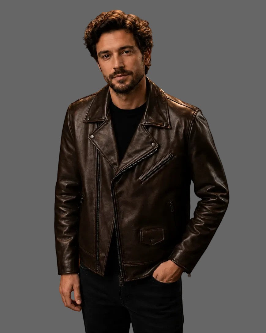 A man wearing a Hilda Leather dark brown full-grain cowhide biker jacket with an side zip and snap lapels.