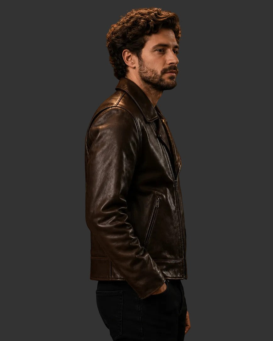 Hilda Leather Connor dark brown full-grain cowhide biker jacket worn by a man, side profile view.