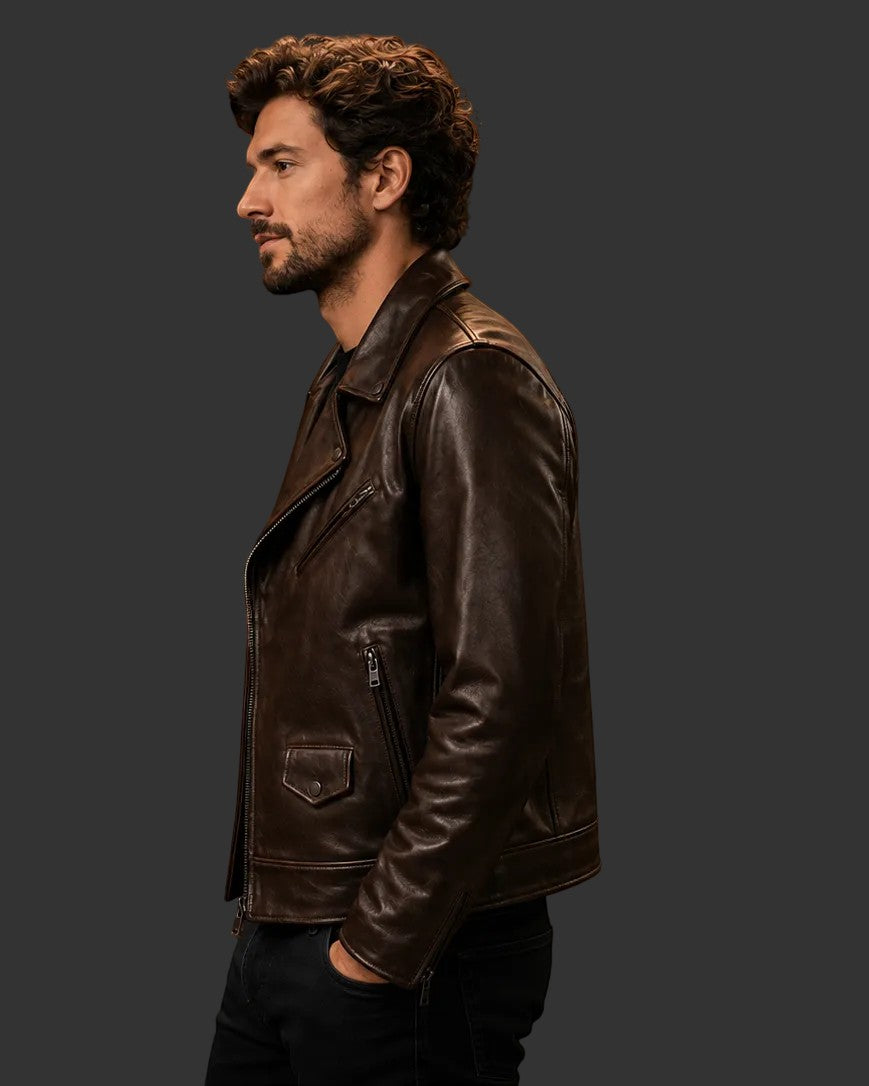 Hilda Leather Connor dark brown full-grain cowhide biker jacket on a man, showing side profile.