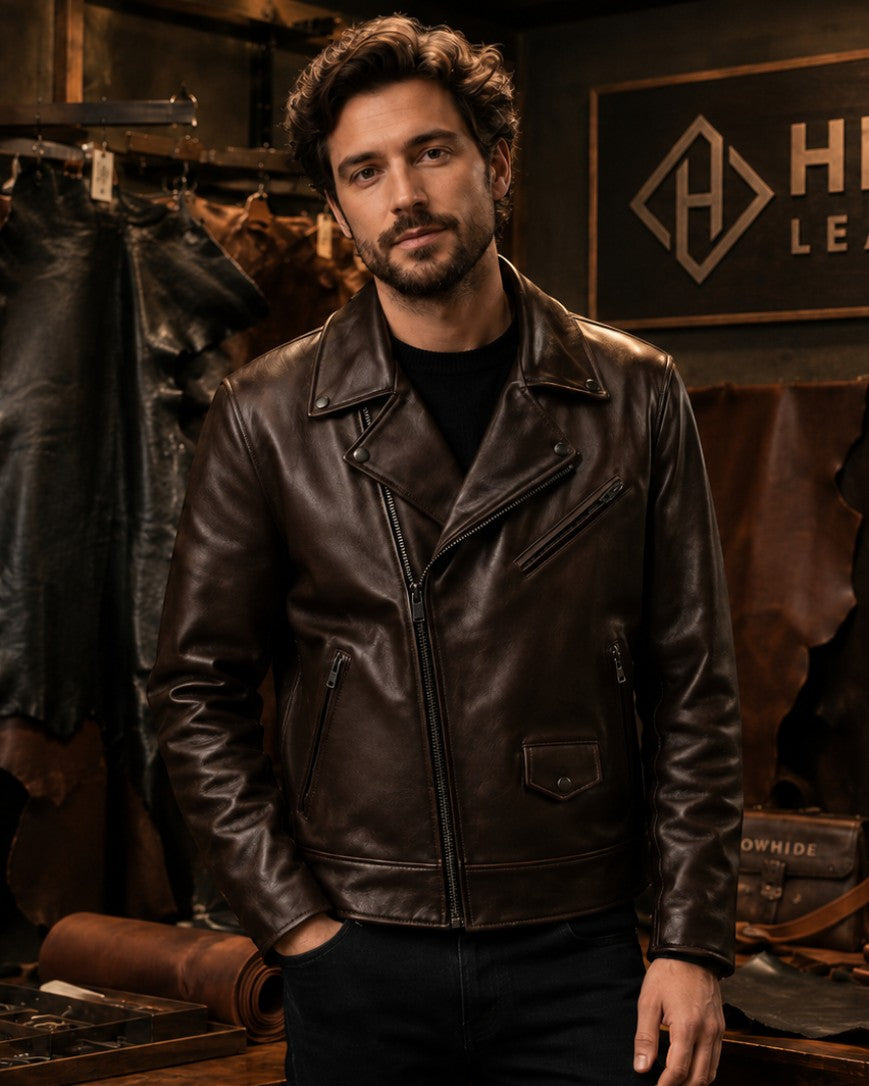 Hilda Leather dark brown full-grain cowhide biker jacket with asymmetric zip full front wiew on a model