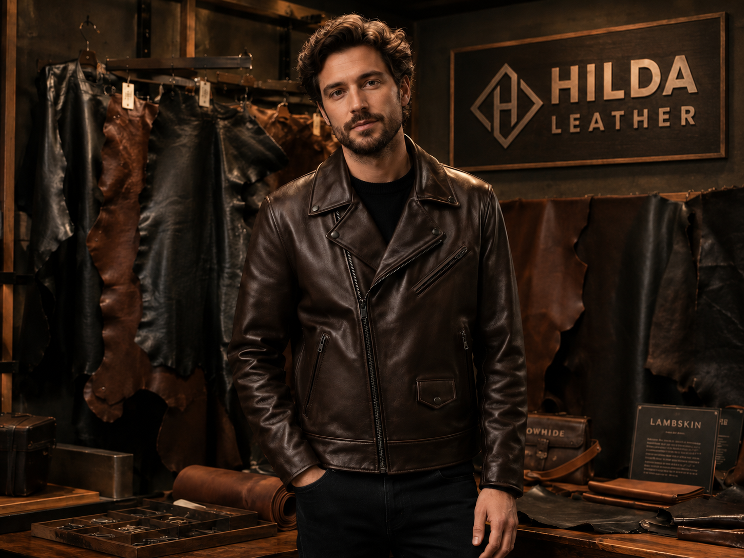 Hilda Leather craftsman wearing a genuine leather jacket in a workshop surrounded by lambskin and cowhide leather hides