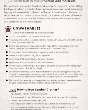 Hilda Leather genuine leather care guide — unwashable warning, care instructions, and how to iron leather garments