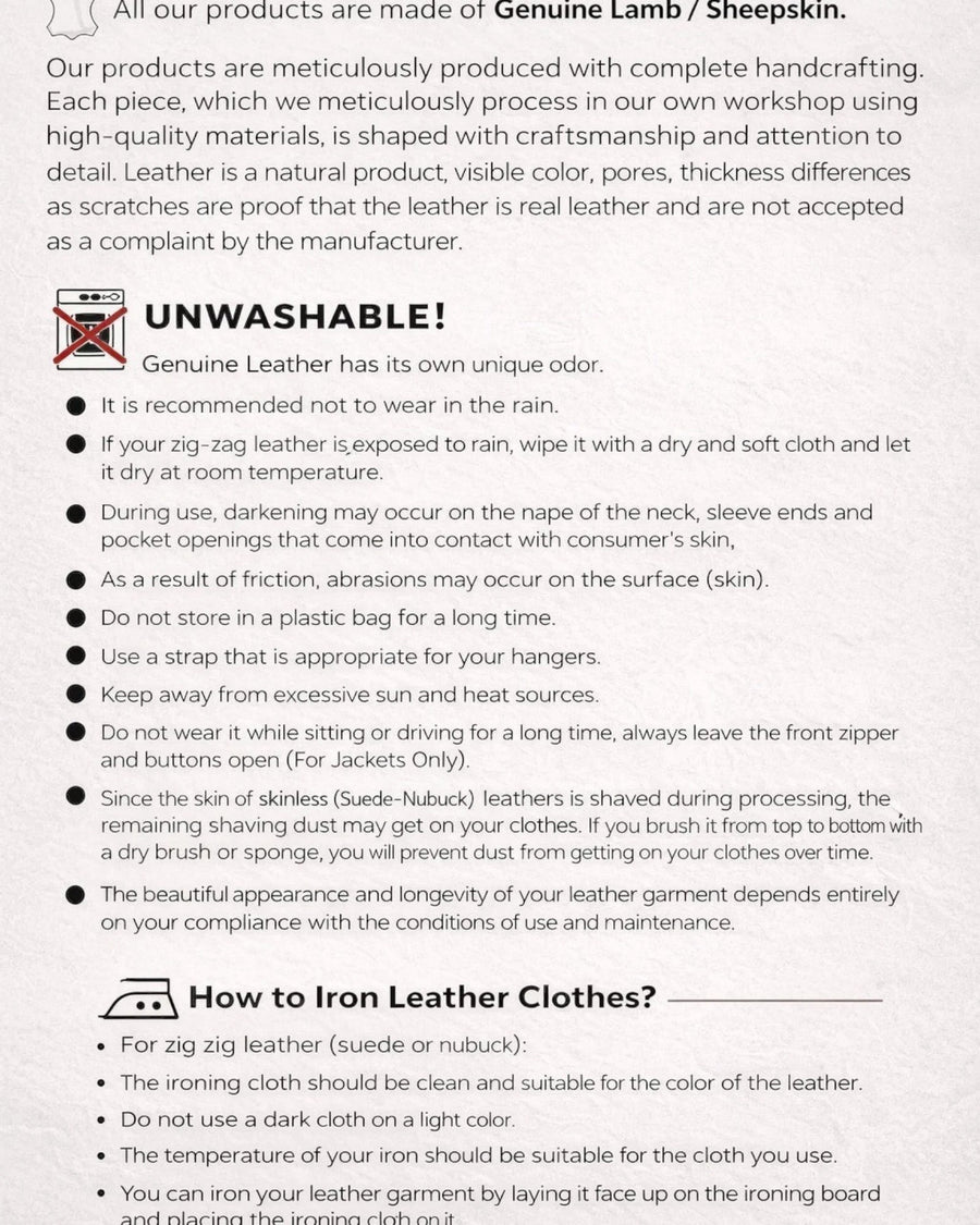 Hilda Leather genuine leather care guide — unwashable warning, care instructions, and how to iron leather garments