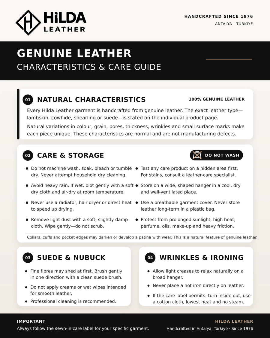 Hilda Leather genuine leather care and maintenance guide infographic for handmade garments