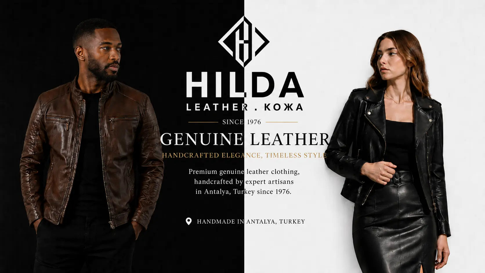 Hilda Leather the company which produce high quality of leather jackets, pants, skirts, dresses and accecories Antalya, Turkey, Since 1976. Advertisement with a man and woman wearing leather jackets, featuring the brand's products and branding.
