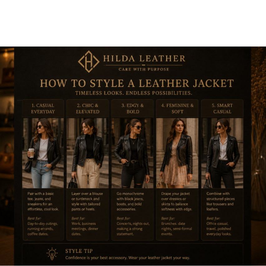 Hilda Leather advertisement showing how to style a leather jacket with five different outfits. Antalya, Turkey, 1976.