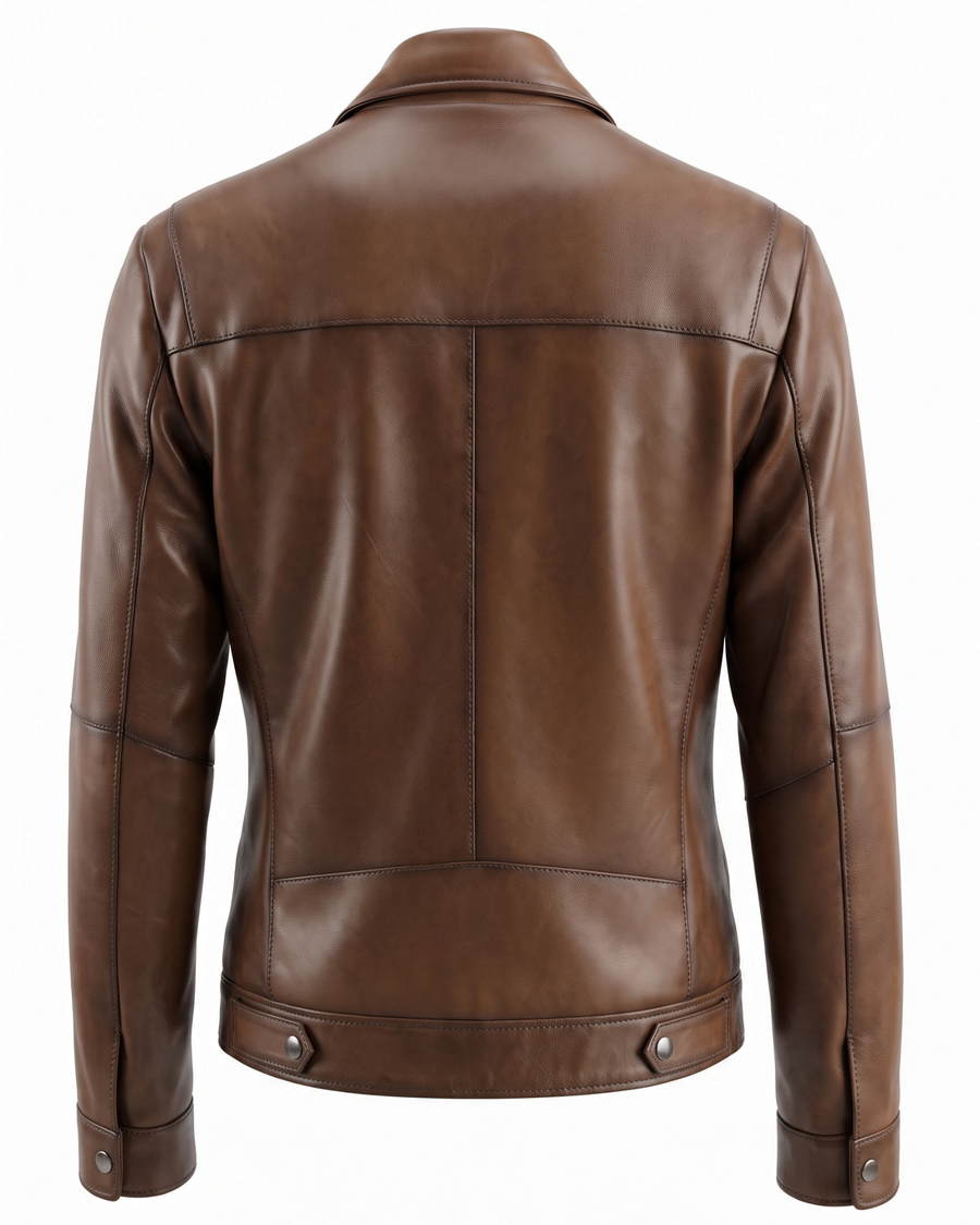 Back view of Hilda Leather Leon men's shadow brown lambskin leather jacket with a clean, regular fit design.