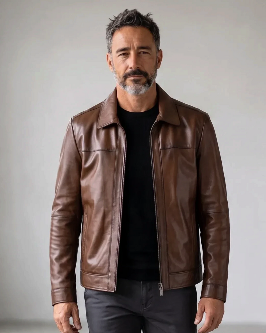 Hilda Leather Leon men's shadow brown lambskin leather jacket with a classic regular fit and clean design.