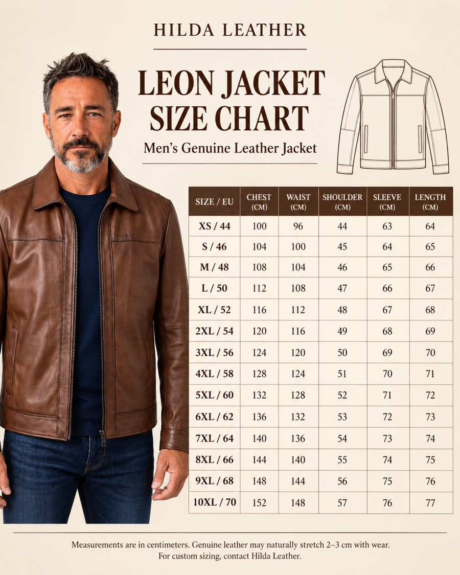 Hilda Leather Leon men's shadow brown lambskin jacket size chart with model wearing the jacket and measurement table.