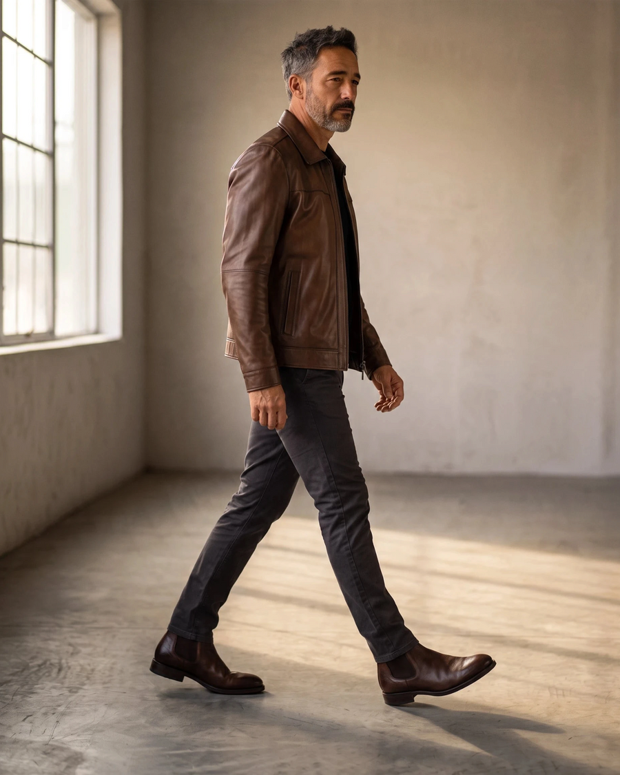 Hilda Leather Leon shadow brown lambskin leather jacket with a regular fit worn by a man in a studio setting.
