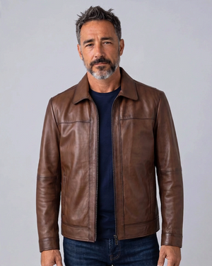 Hilda Leather Leon men's shadow brown lambskin leather jacket with a classic regular fit and clean design.