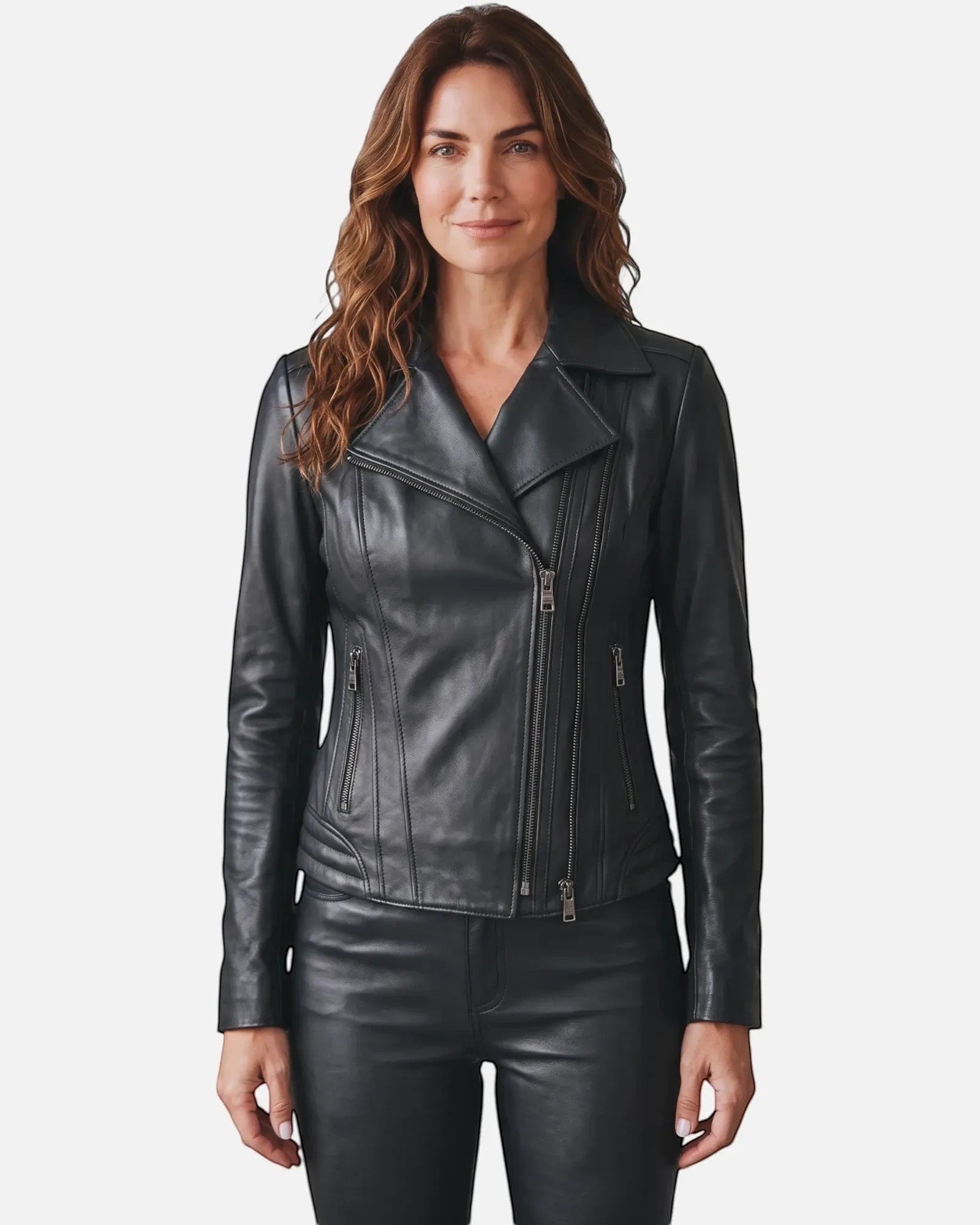 Hilda Leather Lotus black lambskin biker jacket with double side zippers worn by a woman. Antalya, Turkey.