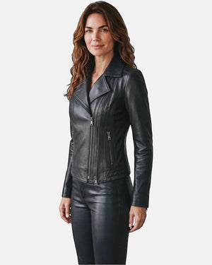 Hilda Leather Lotus women's black genuine lambskin biker jacket with double side zippers and a slim fit cut. Antalya, Turkey