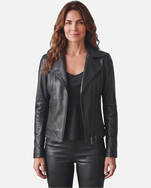 Hilda Leather Lotus women's black genuine lambskin biker jacket with bold double side zippers and slim fit design. Antalya, Turkey