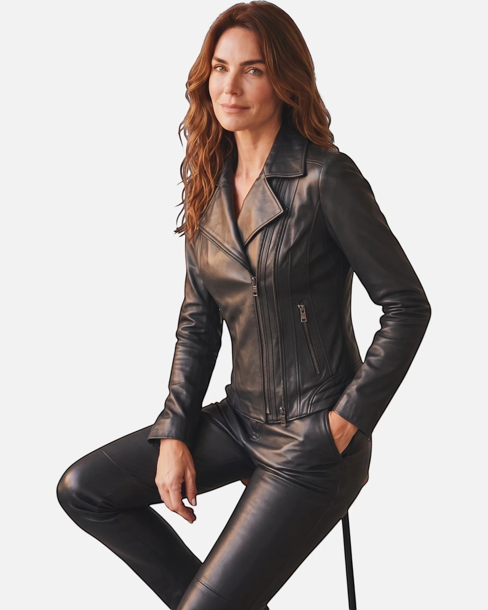 Hilda Leather Lotus women's black lambskin biker jacket with double side zippers and slim fit, worn by a model. Antalya, Turkey