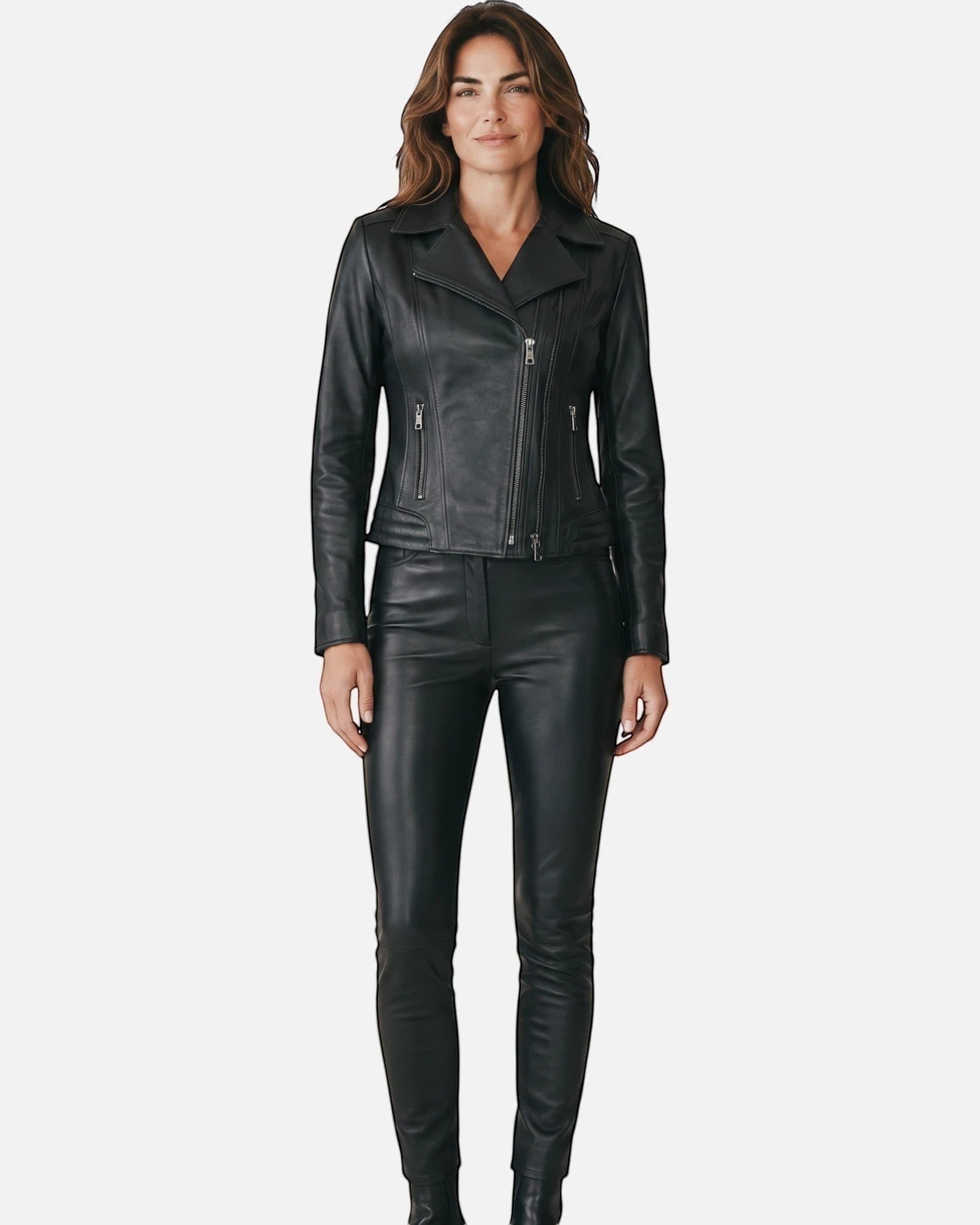 Hilda Leather Lotus black lambskin biker jacket with double side zippers worn by a woman with matching leather pants. Antalya, Turkey