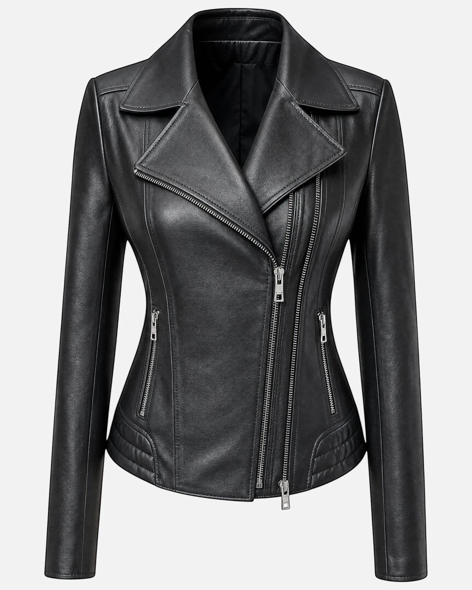 Hilda Leather Lotus women's black lambskin biker jacket with bold double side zippers and a slim fit silhouette. Antalya, Turkey