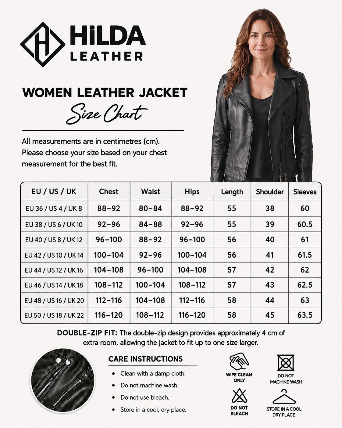 Hilda Leather Lotus black lambskin biker jacket with double side zippers worn by a woman next to a size chart. Antalya, Turkey.