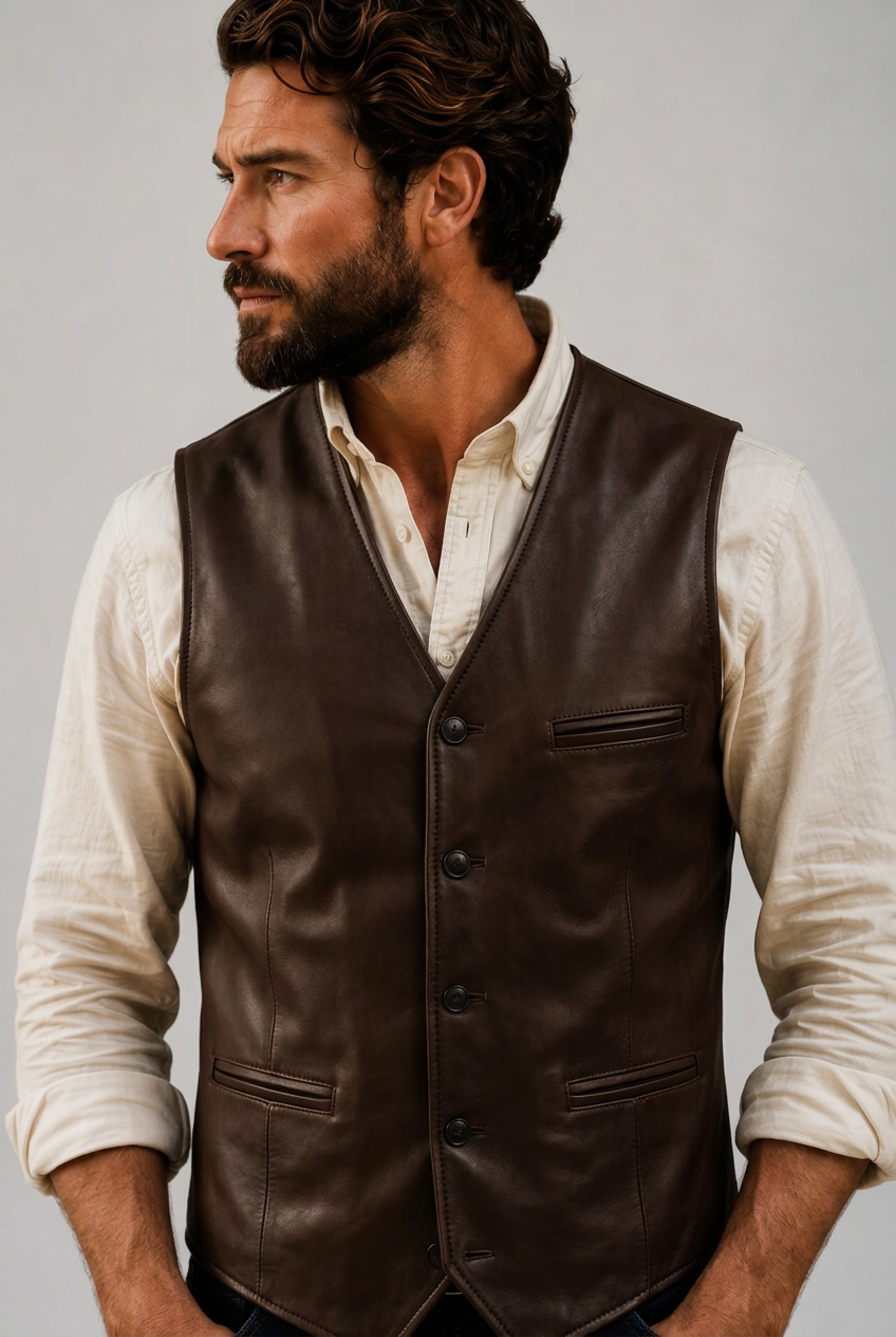 Men's Antique Brown Genuine Leather Waistcoat Front View with Button Detail | Hilda Leather