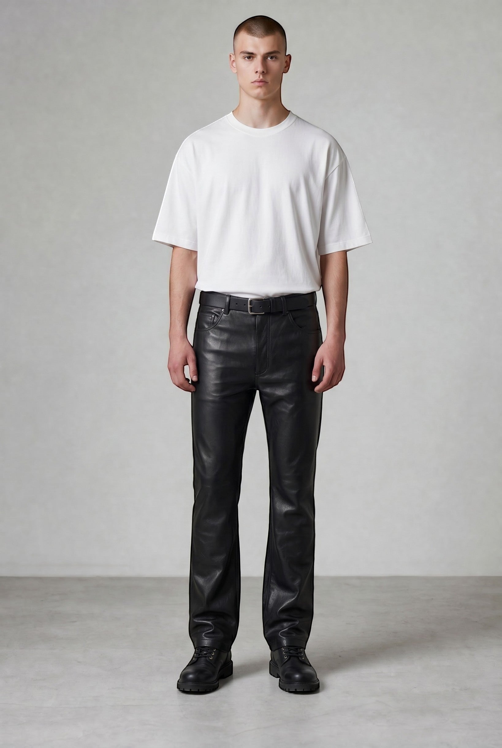 Hilda Leather Men's Black Genuine Lamb's Nappa Leather Pants, straight leg jean style with a classic fit.