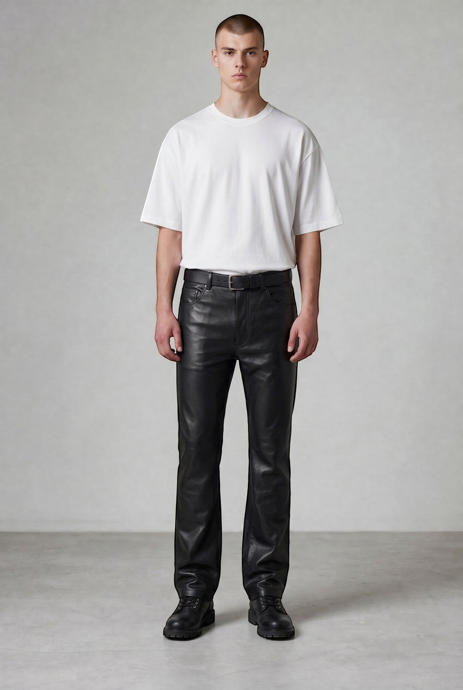 Hilda Leather Men's Black Genuine Lamb's Nappa Leather Pants, straight leg jean style with a classic fit.