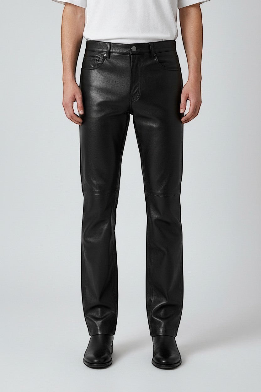 Hilda Leather men's black genuine lambskin straight leg pants with a classic jean style and modern twist.