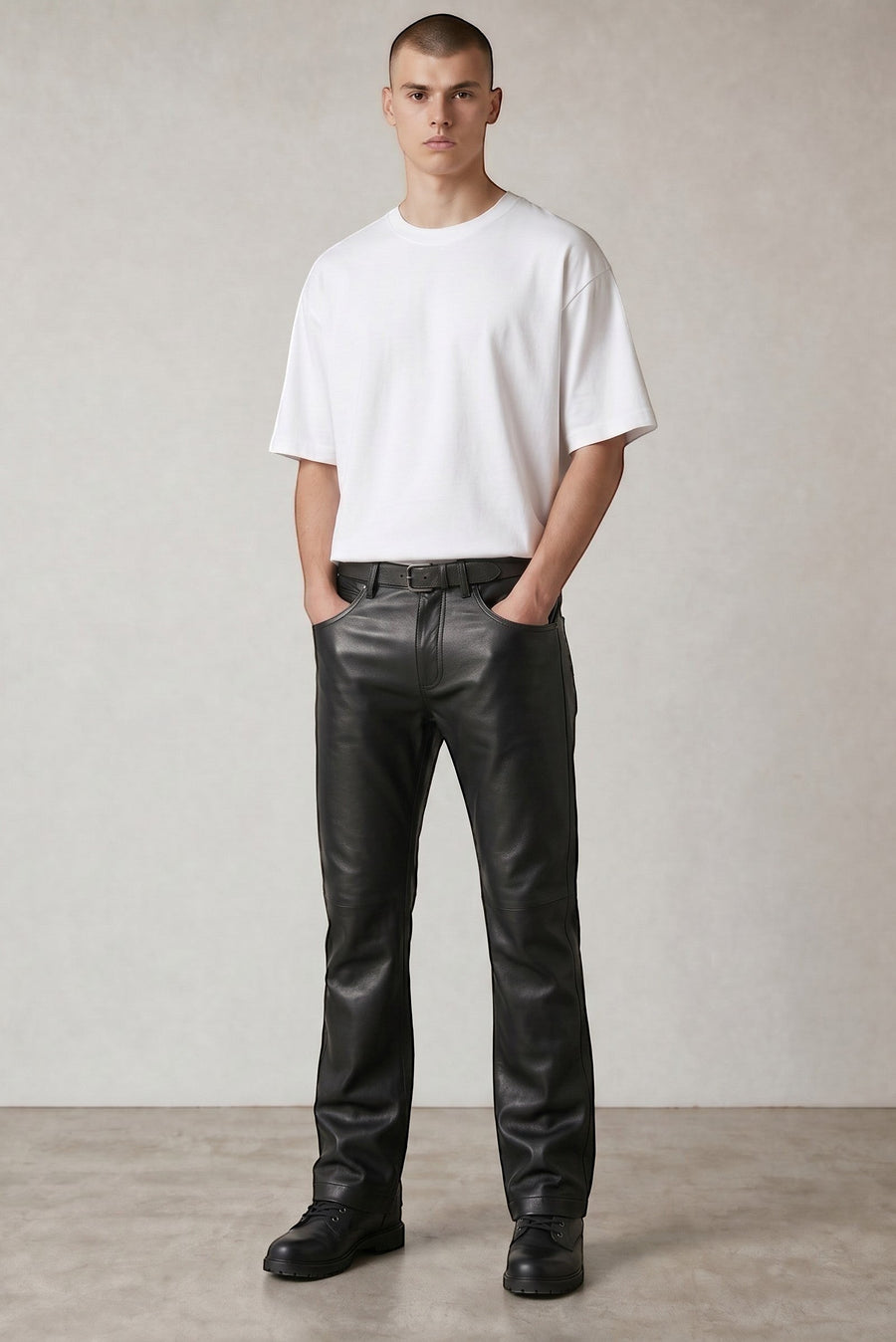 Hilda Leather Men's black genuine lamb nappa leather pants, straight leg jean style with a comfortable fit.