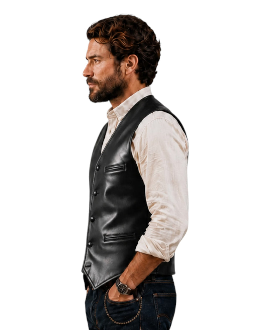 Man wearing a Hilda Leather black genuine lambskin waistcoat with a button-up front and tailored fit, side view.