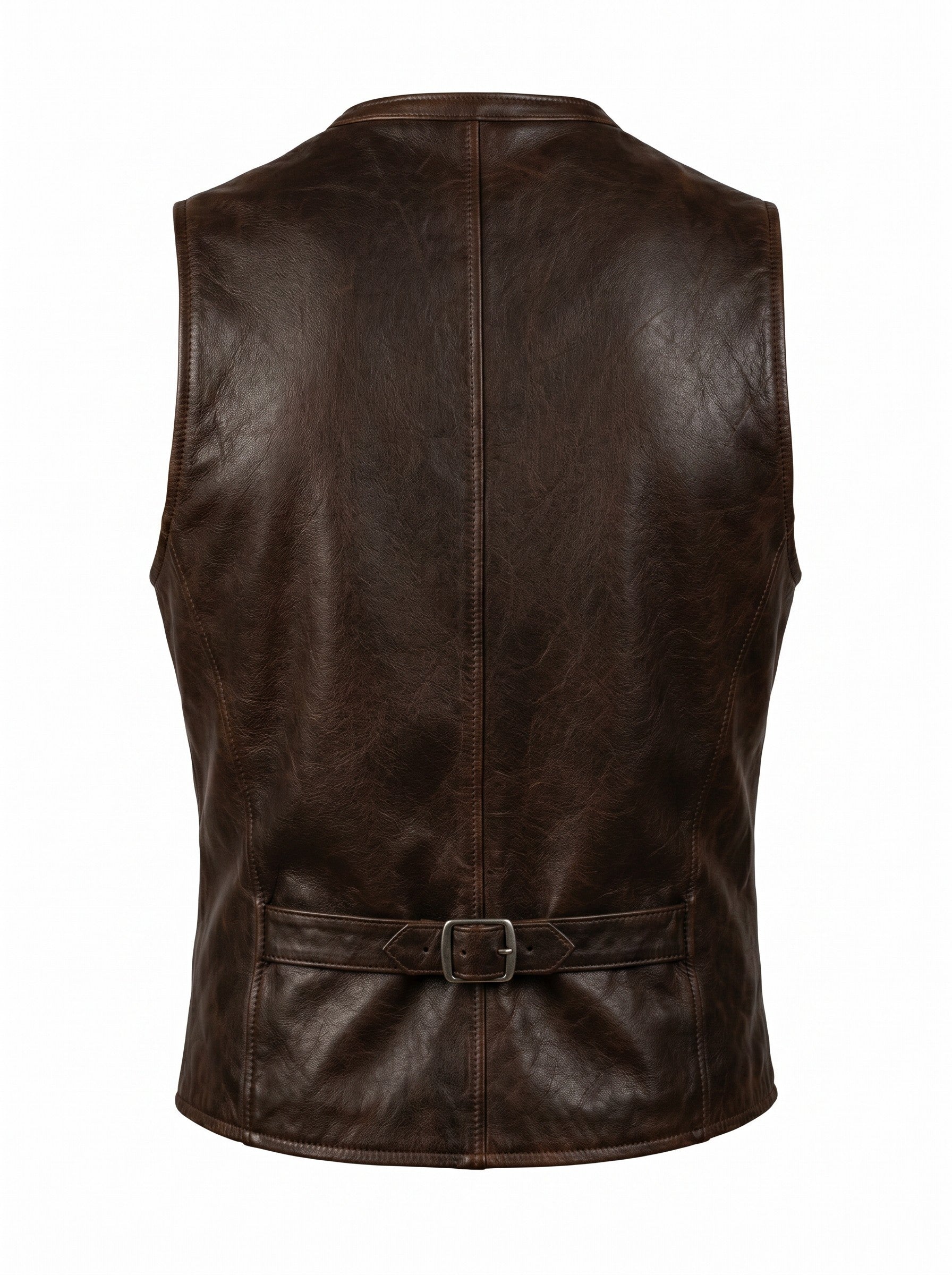 Men's Brown Genuine Leather Waistcoat – Ghost Mannequin Back View with Adjustable Buckle Strap | Hilda Leather