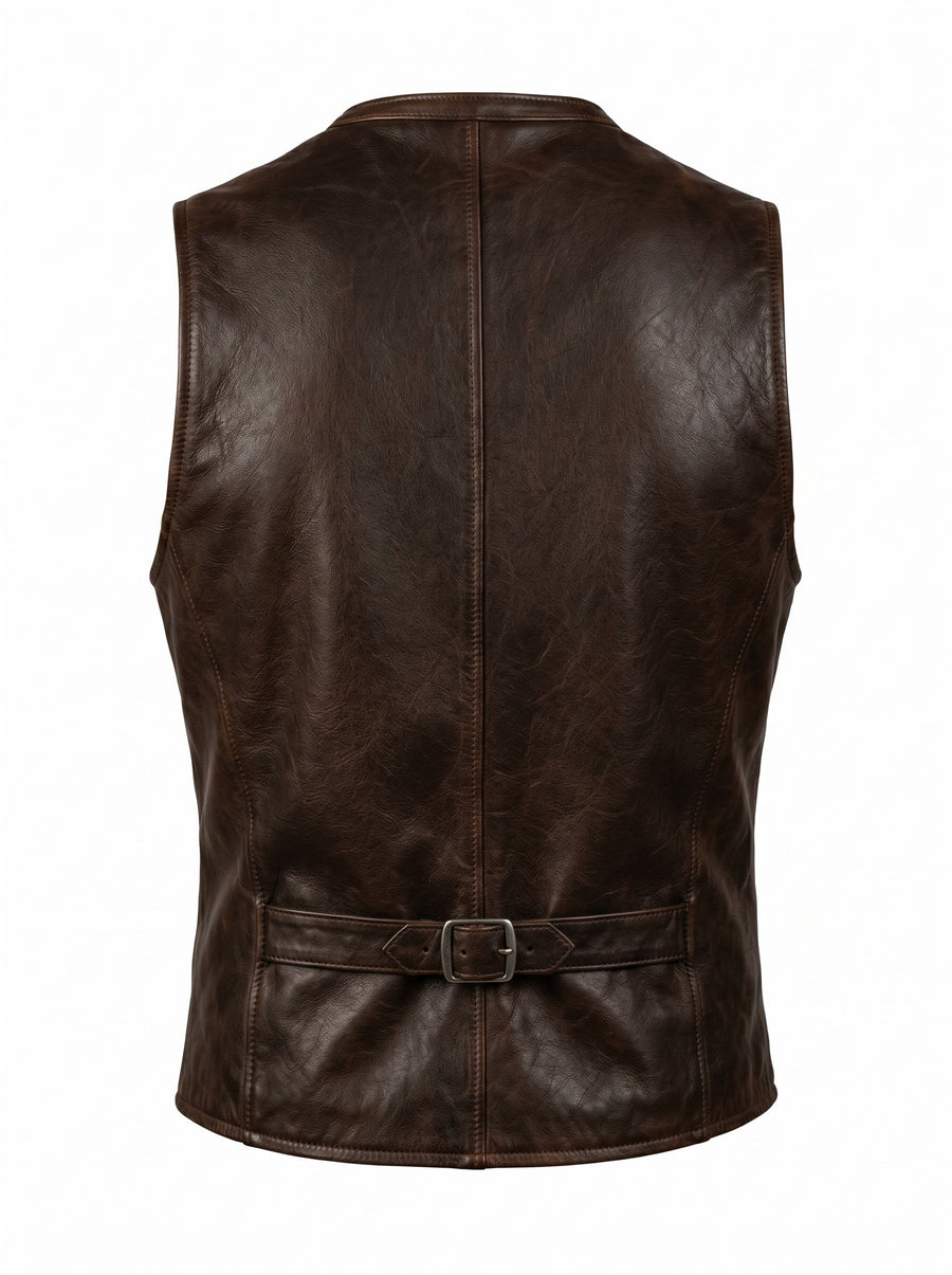 Men's Brown Genuine Leather Waistcoat – Ghost Mannequin Back View with Adjustable Buckle Strap | Hilda Leather