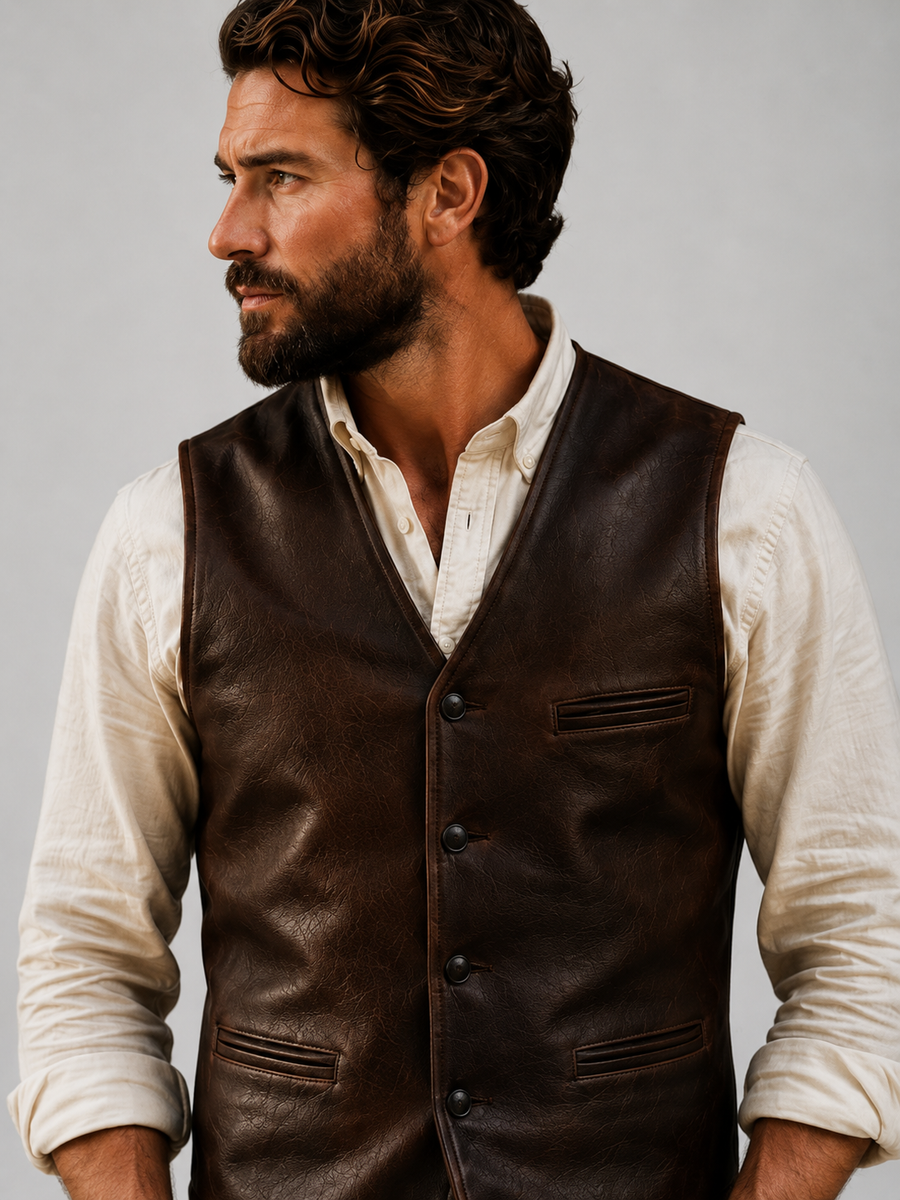 Men's Brown Genuine Leather Waistcoat Front View with Button Detail | Hilda Leather