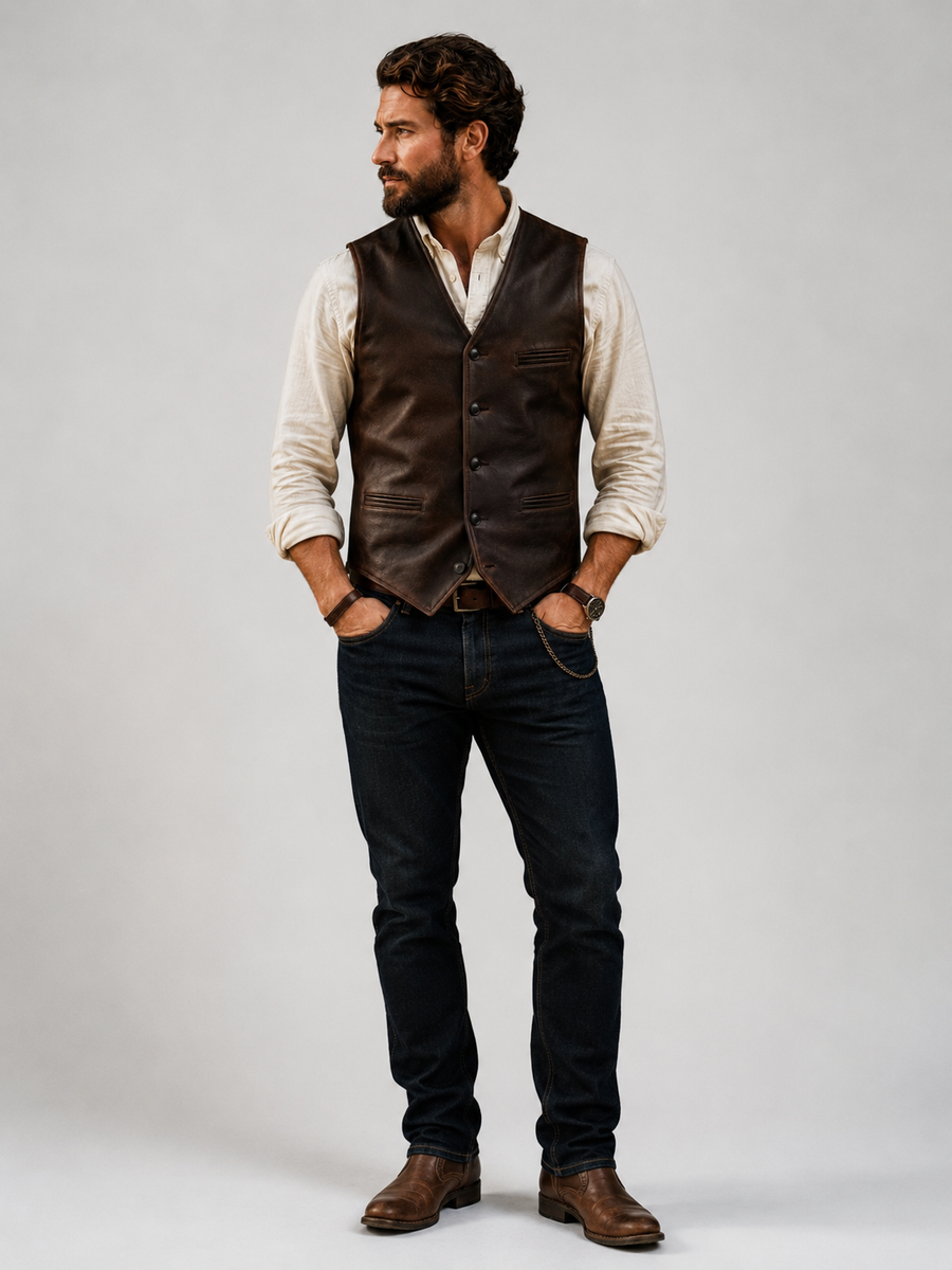 Men's Brown Lambskin Leather Waistcoat – Full Front View on Model | Hilda Leather