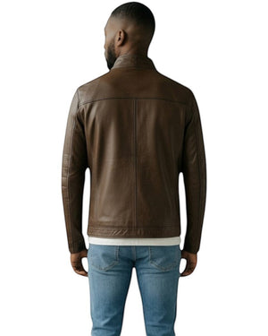 Hilda Leather Men's Genuine Leather Sport Jacket Thor in rich brown. Features a stand-up collar and zip-front closure.