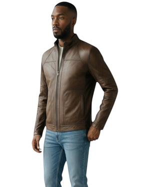 Hilda Leather Men's brown genuine leather sport jacket with stand-up collar and zip-front closure.