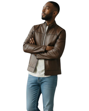 Hilda Leather Men's brown genuine leather sport jacket with stand-up collar and zip-front closure.