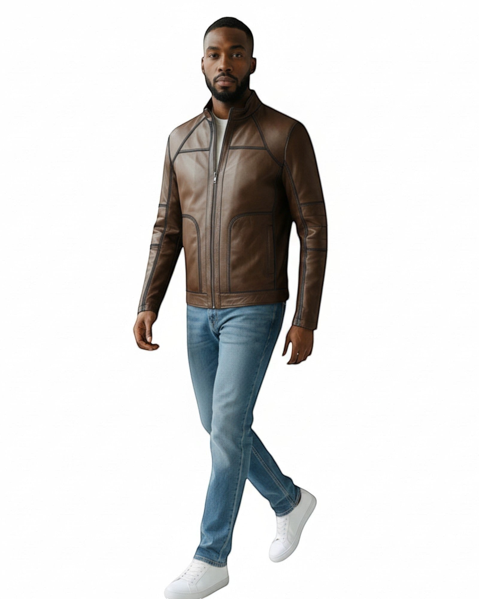 Hilda Leather Men's brown genuine leather sport jacket with stand-up collar and zip-front closure.