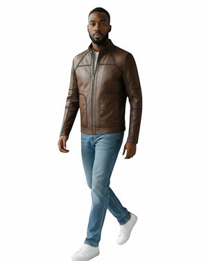 Hilda Leather Men's brown genuine leather sport jacket with stand-up collar and zip-front closure.