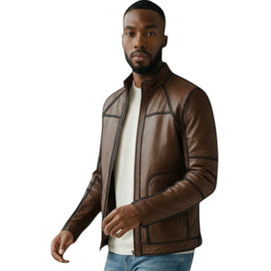 Hilda Leather Men's brown genuine leather sport jacket with stand-up collar and zip-front closure.